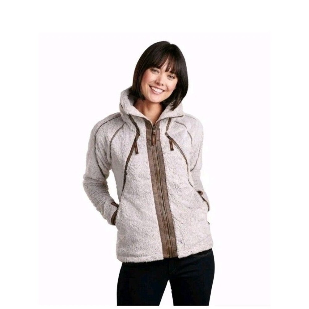 Kuhl Womens Sz Large Fleece Full Zip Flight Jacket in Stone Hidden Hood Gorpcore